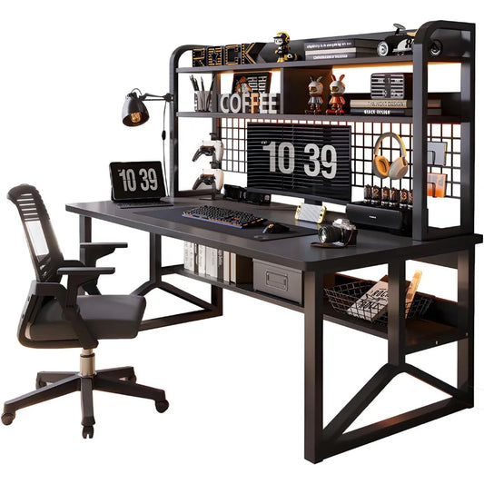 Gaming Desk, 2-Tier Home Multipurpose Desktop Bookshelf, Large PC Table Computer Desk with Shelves with Metal Frame and Bookshel