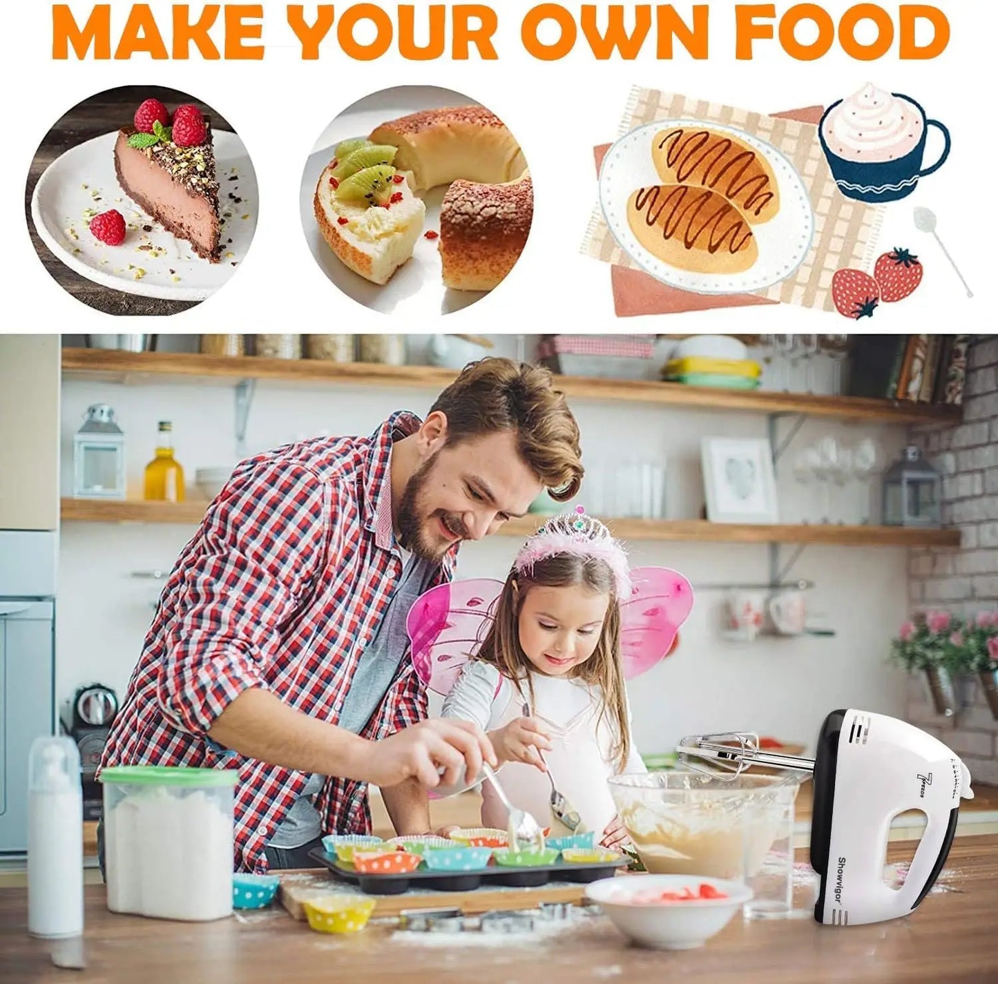 Electric Hand Mixer 180W with 5 Stainless Steel Attachments, 7 Speeds, Turbo Boost & Eject Button