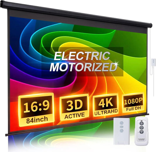 Motorized 84' HD Projector Screen 16:9, Electric Pull-Down with Remote, Wall/Ceiling Mount, Black