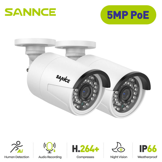 SANNCE 2PCS Ultra HD 5MP POE Camera Outdoor Indoor Weatherproof Security Network Bullet EXIR Night Vision Email Alert Camera Kit