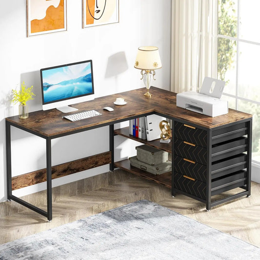 L Shaped Computer Desk with Storage Drawers, 59 inch Corner Desk with Shelves, Reversible L-Shaped Office Desk, Customized