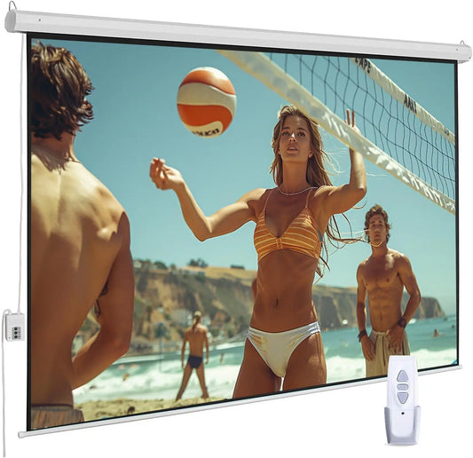 Electric 4:3 Projector Screen, Motorized with Remote, Indoor/Outdoor HD, Wall/Ceiling Mount, White