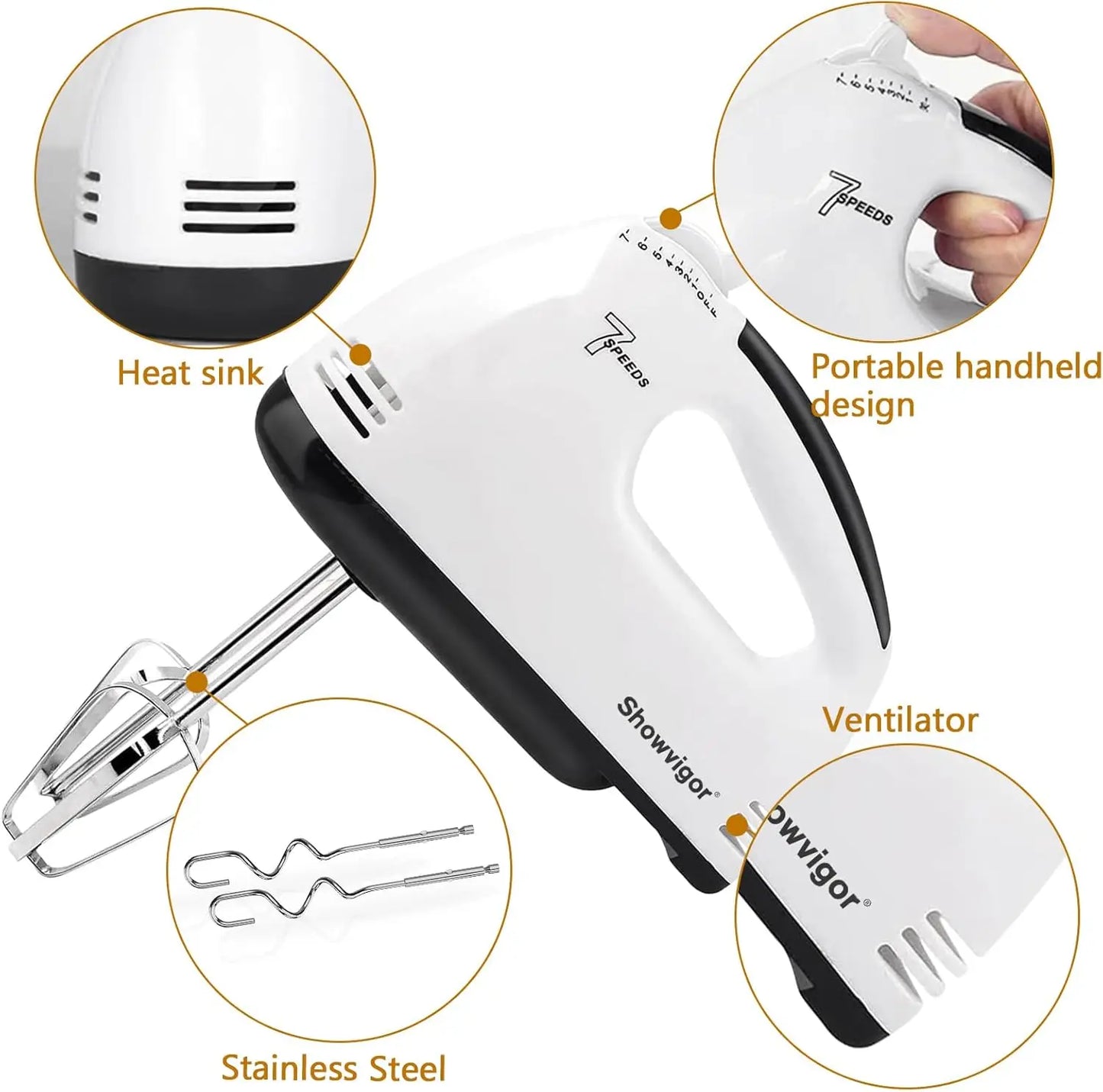 Electric Hand Mixer 180W with 5 Stainless Steel Attachments, 7 Speeds, Turbo Boost & Eject Button